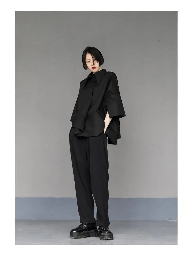 2025 Women Shirt Three Quarter Sleeve Blouse Irregular Hem Single breasted Solid Color Loose Lapel Summer Spring Shirt Top
