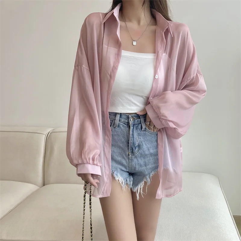 RBB Women’s Semi-Sheer Shimmer Long Sleeve Shirt – Lightweight Button-Down Collared Top for Spring/Summer