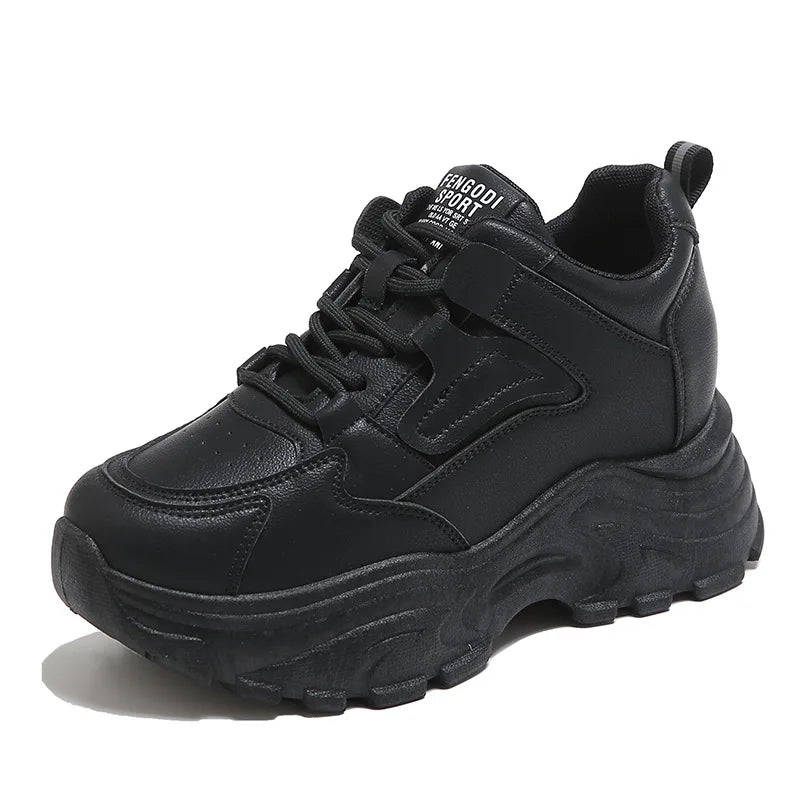 2025 Women’s White PU Leather Platform Sneakers — Lace-Up Thick Sole Casual Vulcanized Shoes