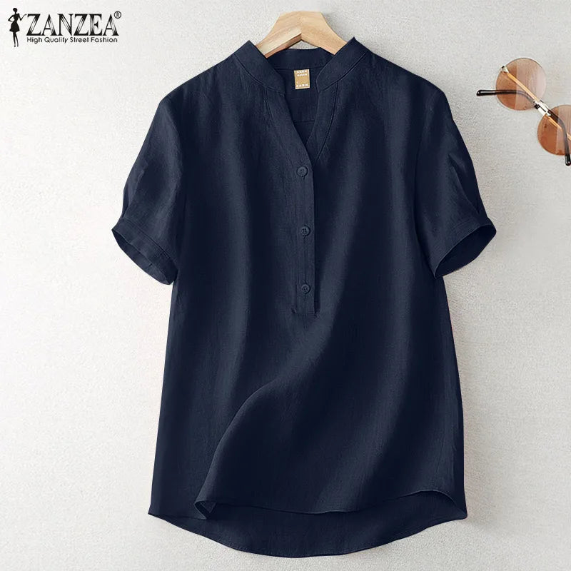 ZANZEA Summer Elegant Loose Chemise Cotton Blouse Vintage OL Work Tunic Tops Women Casual Solid Shirt V Neck Short Sleeve Blusas