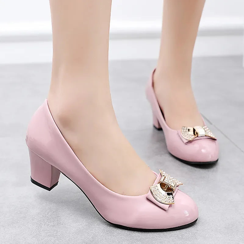 RBB Women’s Fashion Sweet White Patent Leather Office Shoes – Square Heel Casual Career Pumps