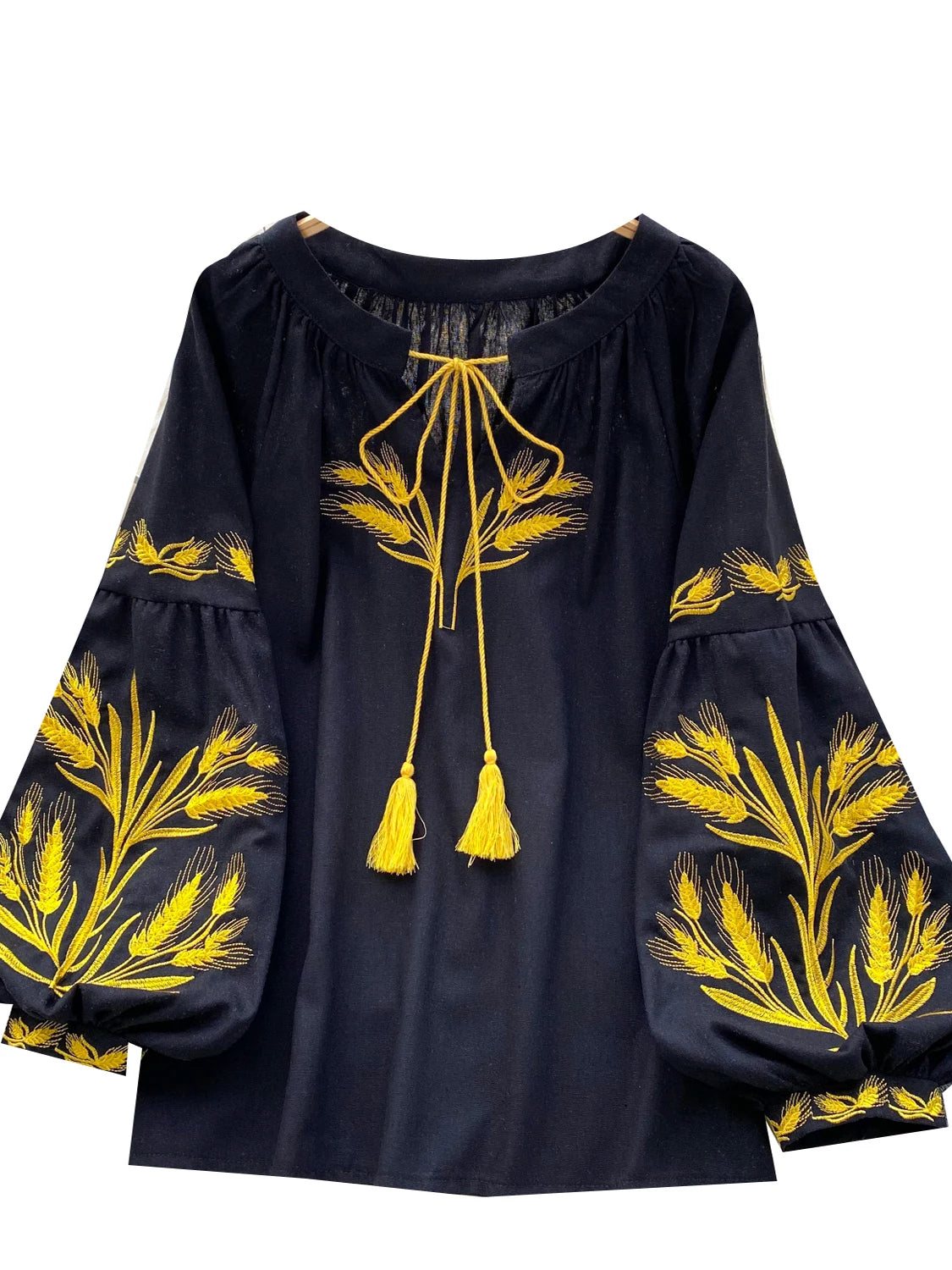 Retro Ethnic Heavy Embroidery Loose Casual round Ne Lantern Sve irt Women's Faionable Base Layer Top