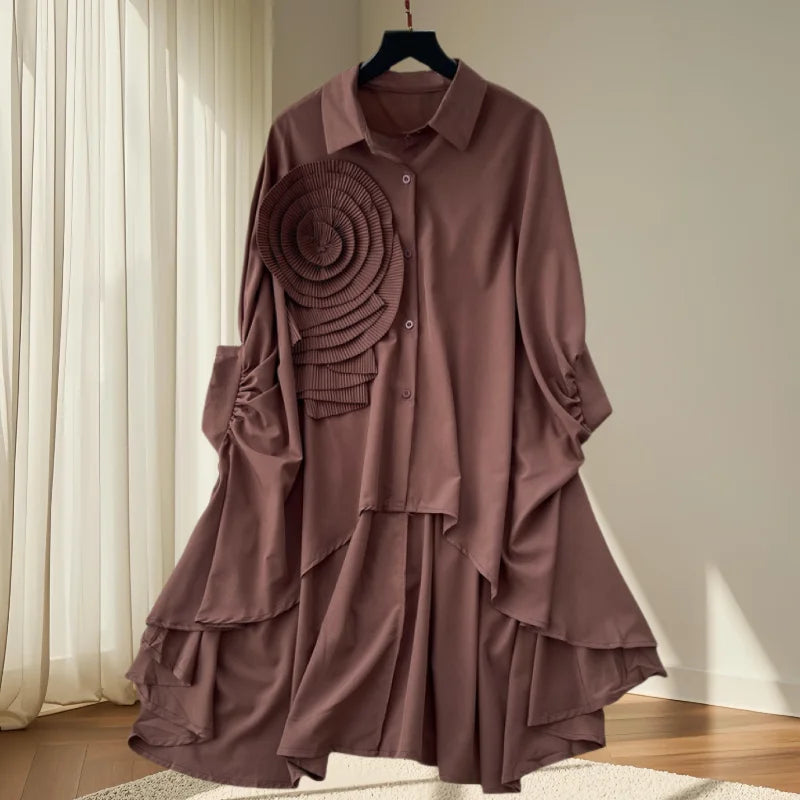 2025,New,European,Clothes,Loose,Blouse,Chic,Turndown Collar,Irregular,Three-dimensional flowers,Women,Batwing Sleeve,Tops,41293