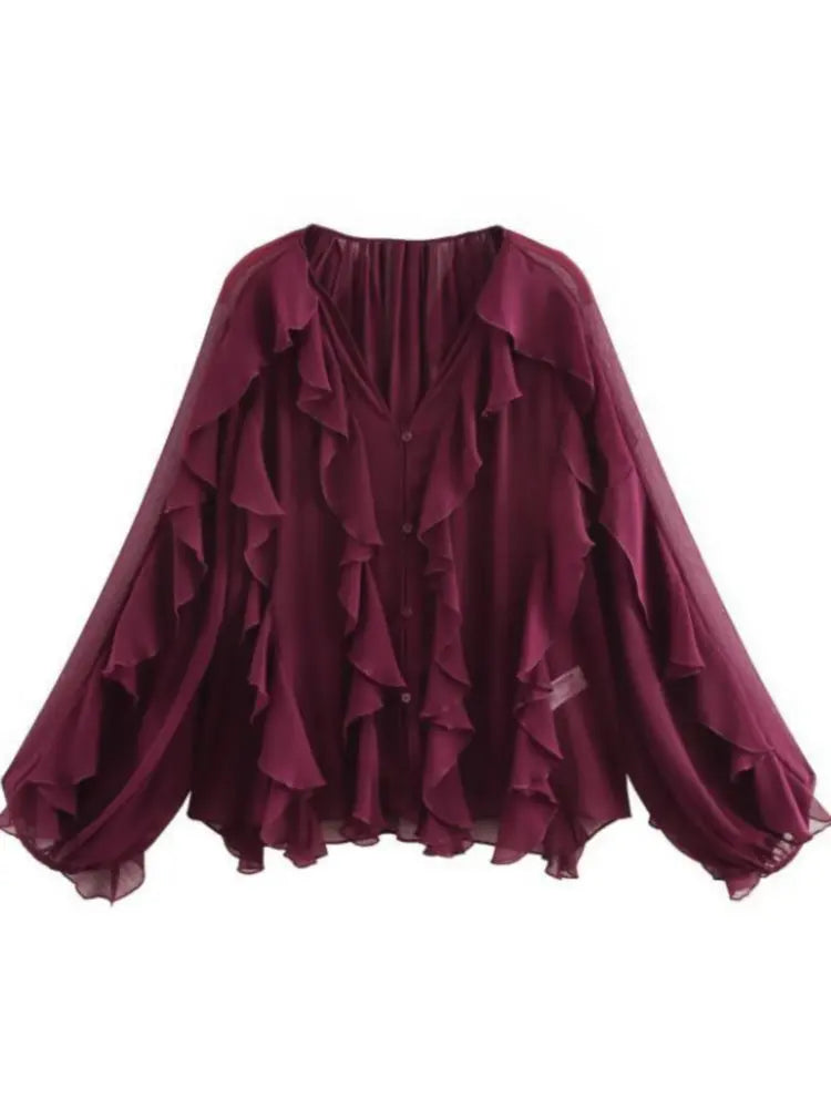 RBB Women's Summer V-Neck Ruffle Blouse – Sheer Tiered Button-Front Beach Top