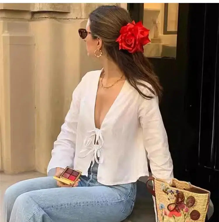 ALOBEE Shirt Women Elegant 2024 New Summer Street Female Comfortable Tops Loose Lace Up Leisure Bow Long Flare Sleeve Lady