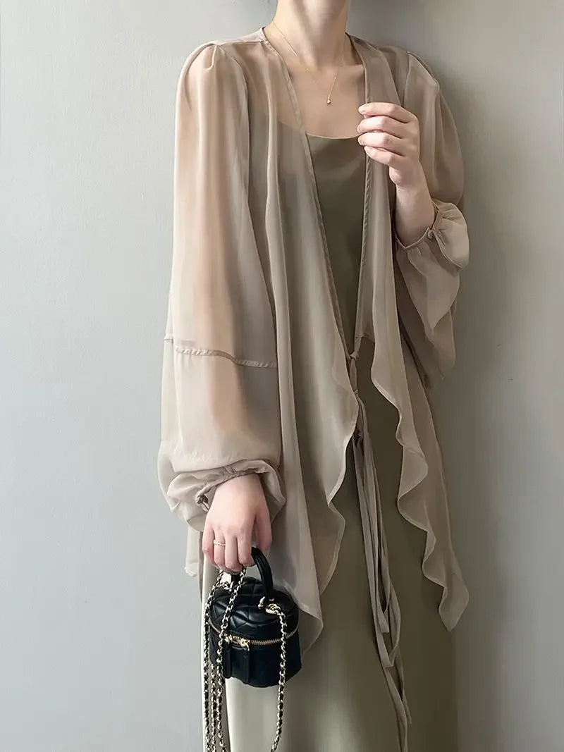 RBB Women's V-Neck Chiffon Shirt – Loose Fit Lace-Up Long Sleeve Summer Blouse