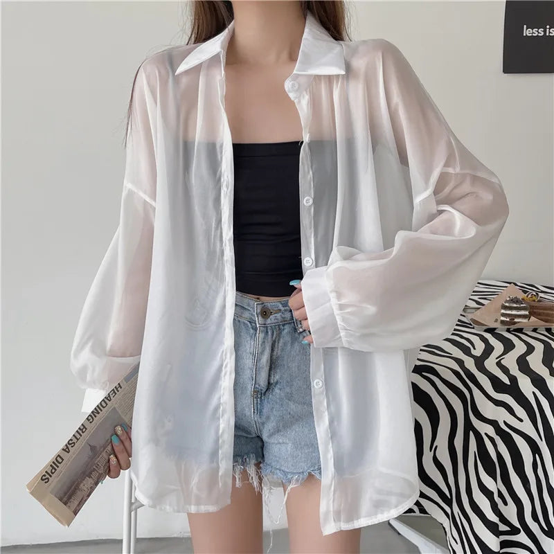 RBB Women’s Semi-Sheer Shimmer Long Sleeve Shirt – Lightweight Button-Down Collared Top for Spring/Summer