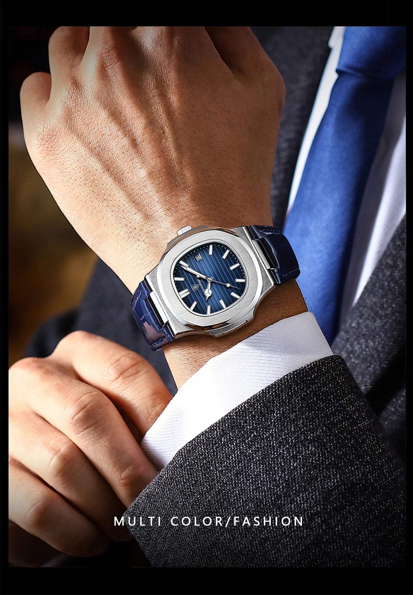 RBB Luxury Square Men’s Quartz Watch – Waterproof, Luminous, Leather Strap, Date Display + Gift Box