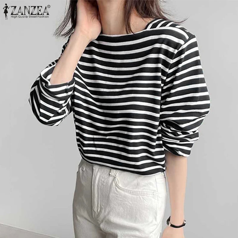 ZANZEA Fashion Striped Blouse Women Elegant Square Neck Long Sleeve Tops Spring Casual Work OL Shirt Female Party Tops Chemise