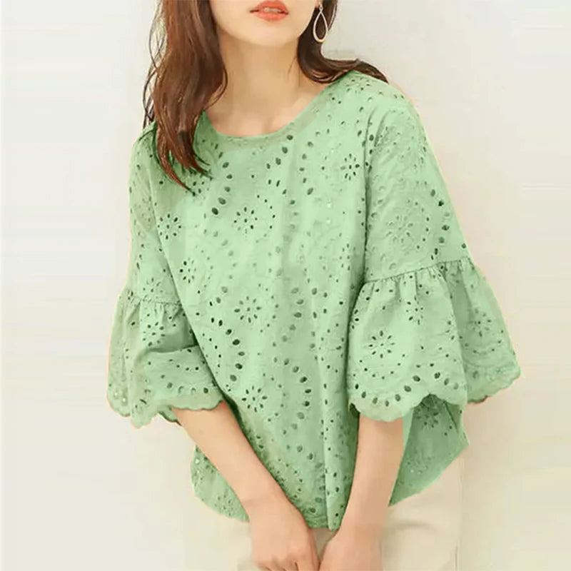ZANZEA Fashion Summer 3/4 Sleeve Hollow Out Blouse Women Elegant Lace Crochet Tops Casual Loose Embroidery Shirt Work Blusas