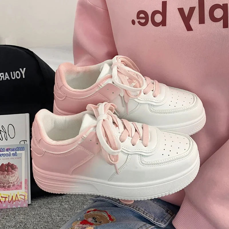 Women’s Casual White Flat Shoes – Spring & Summer 2023, Lightweight Lace-Up Board Sneakers for Students