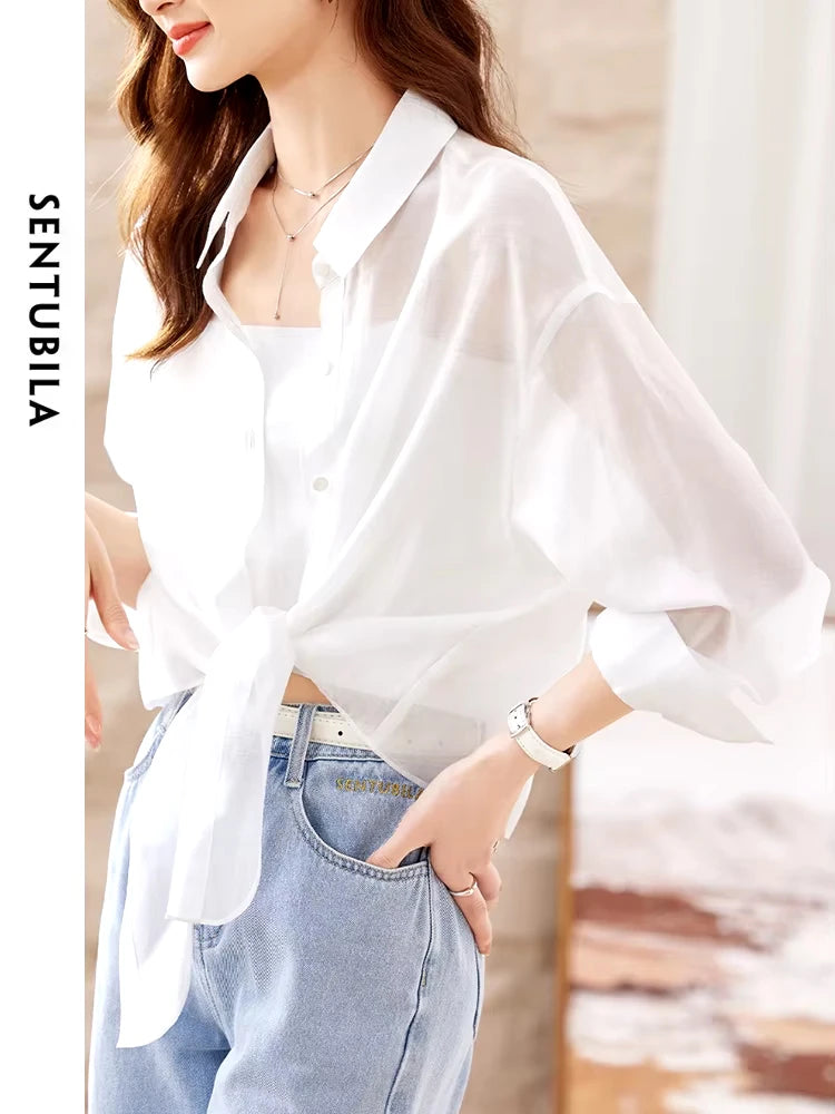SENTUBILA Sheer Knot Shirts Women 2025 Elegant Casuals Long Drop Sleeve Button Up Shirts & Blouses Female Clothes 132C48674
