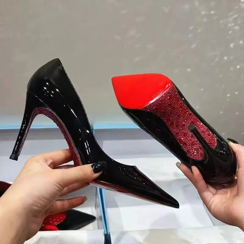 RBB Rhinestone Black Patent Pointed-Toe High Heels – Sexy Slim Wedding & Party Pumps