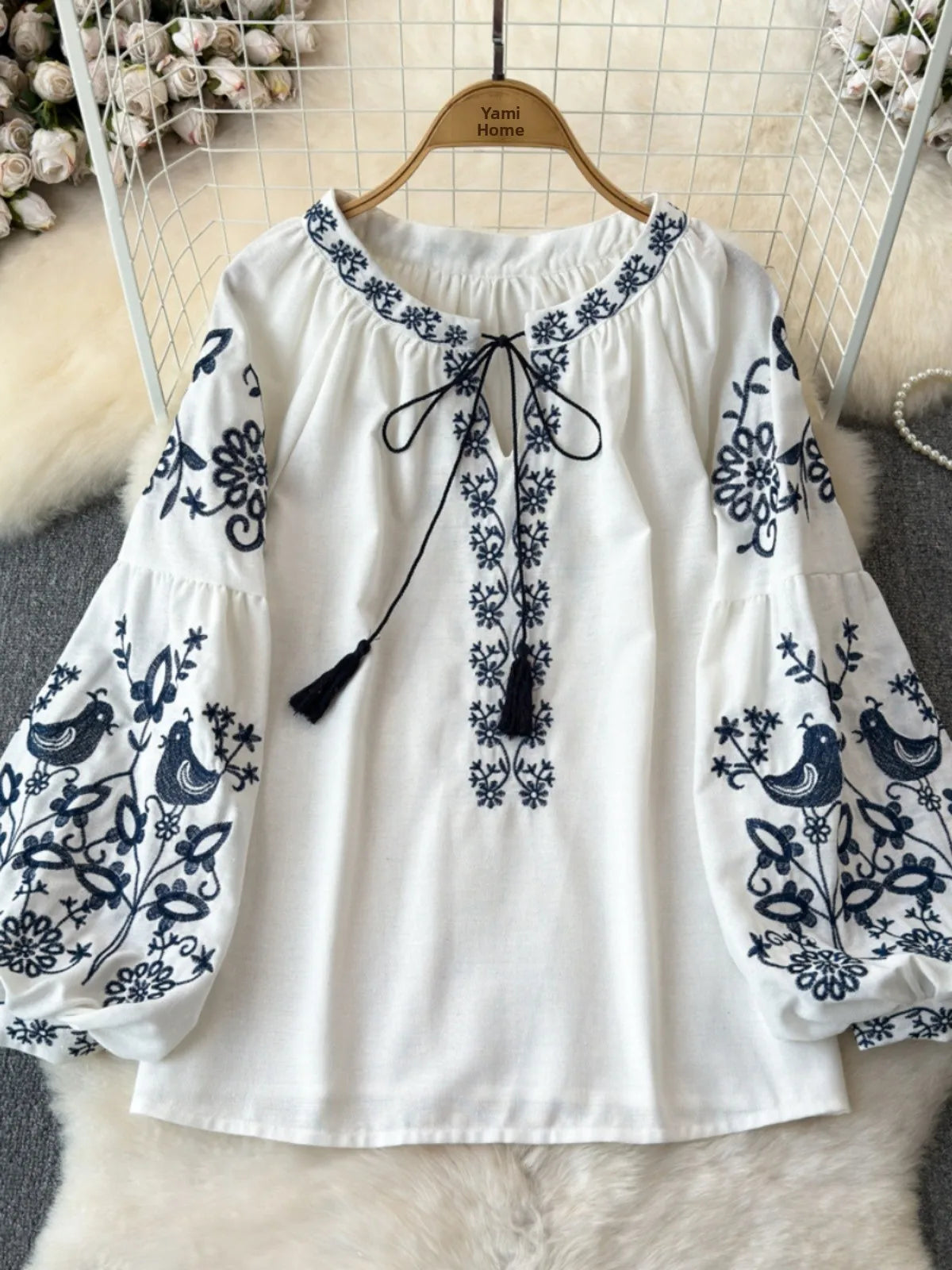 RBB Women's Retro Ethnic Embroidered Shirt – Style Loose Long Sleeve Blouse