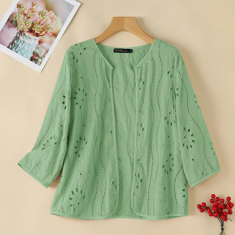 ZANZEA Women Fashion Hollow Out Embroidered Cardigan Shirts Autumn 2025 Elegant 3/4 Sleeve Kimonos Casual Holiday Cover-up Tops