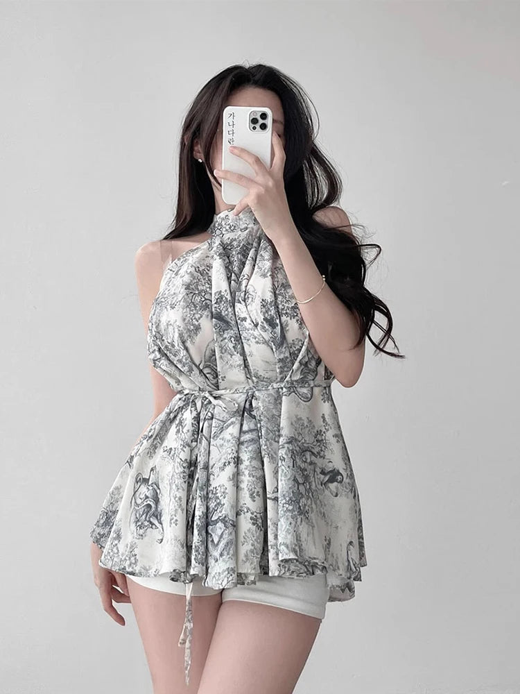 Kimotimo Summer Vintage Stand Collar Print Ladies Tops Korean Chic Lace Up Waist Halter Chiffon Blouses Elegant Fashion Shirts