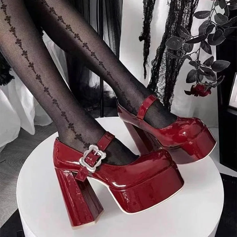 RBB Super High Heel Mary Jane Shoes for Women – Round Toe, Shallow Mouth, Metal Buckle, Thick Heel, Waterproof Platform