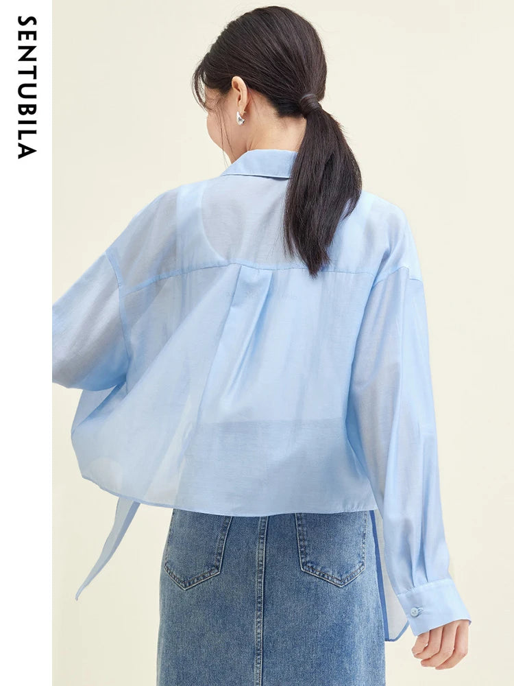 SENTUBILA Sheer Knot Shirts Women 2025 Elegant Casuals Long Drop Sleeve Button Up Shirts & Blouses Female Clothes 132C48674