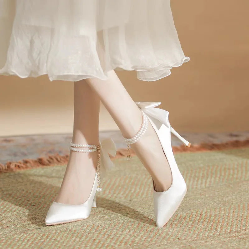 RBB Elegant White Stiletto Heels with Pearl Buckle & Satin Bow – Bridal & Party Pumps (Size 35–40)