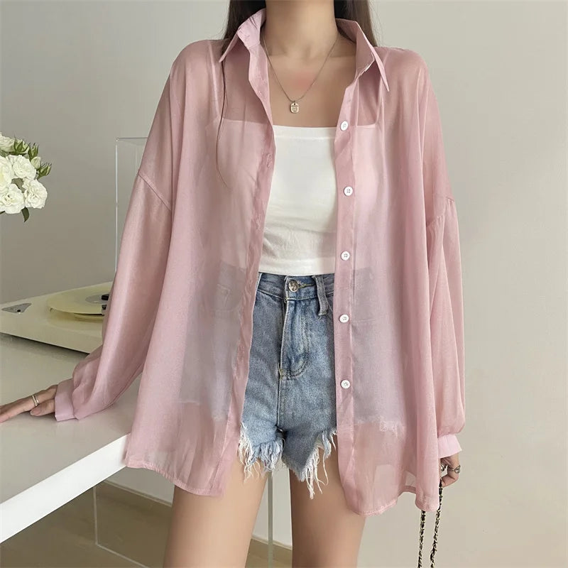 RBB Women’s Semi-Sheer Shimmer Long Sleeve Shirt – Lightweight Button-Down Collared Top for Spring/Summer