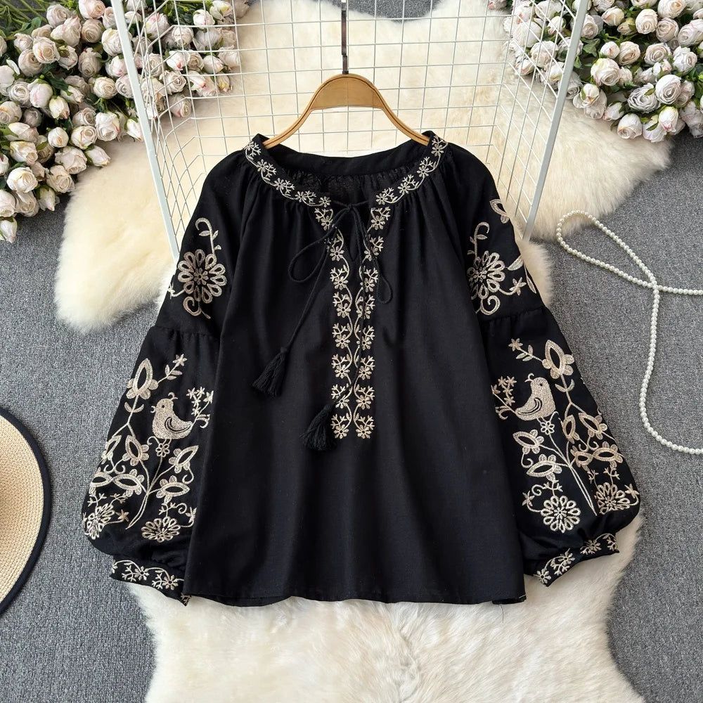 RBB Women's Retro Ethnic Embroidered Shirt – Style Loose Long Sleeve Blouse