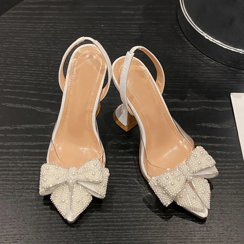 RBB Women's Transparent PVC High Heels with Pearl Bow – Pointed Toe Wedding & Party Pumps