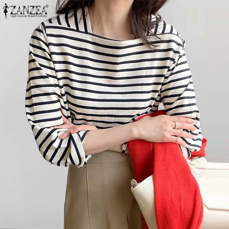 ZANZEA Fashion Striped Blouse Women Elegant Square Neck Long Sleeve Tops Spring Casual Work OL Shirt Female Party Tops Chemise