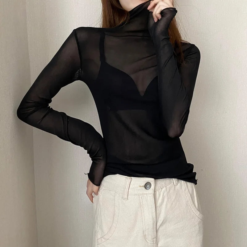 Spring Summer Womens Long Sleeve Sexy Black Mesh Top Blouses Transparent Punk Clubwear Shirt Tees Beach Tops Ladies Bottom Tops