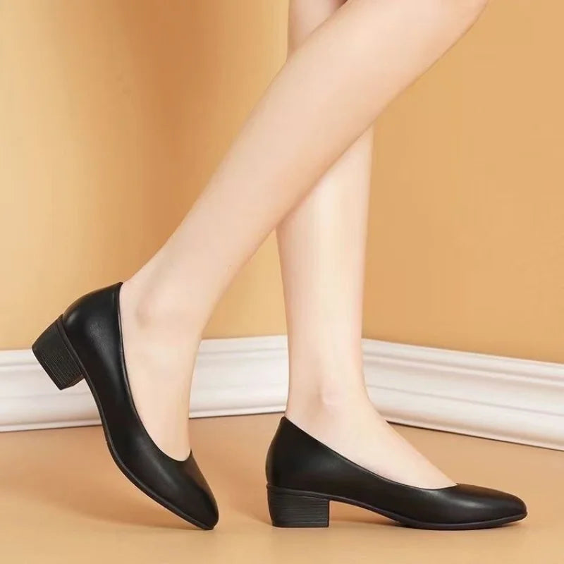 RBB 2025 Women's Genuine Leather Low-Heel Pumps – Slip-On Formal & Office Shoes for Daily Comfort
