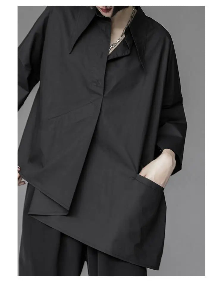 2025 Women Shirt Three Quarter Sleeve Blouse Irregular Hem Single breasted Solid Color Loose Lapel Summer Spring Shirt Top