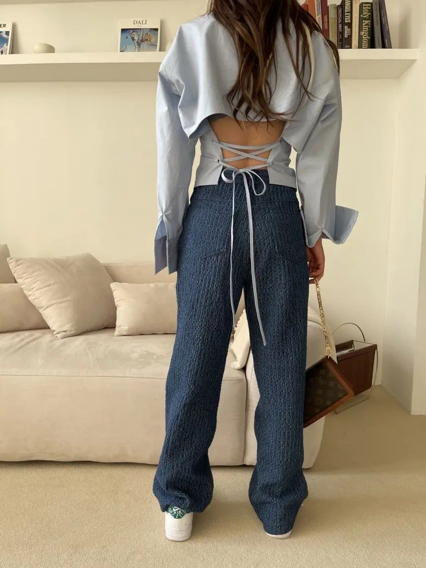 Chic Chiffon Shirts Women Criss-cross Drawstring Backless Trendy Design Turn-down Collar Single Breasted Ladies Solid Crop Tops