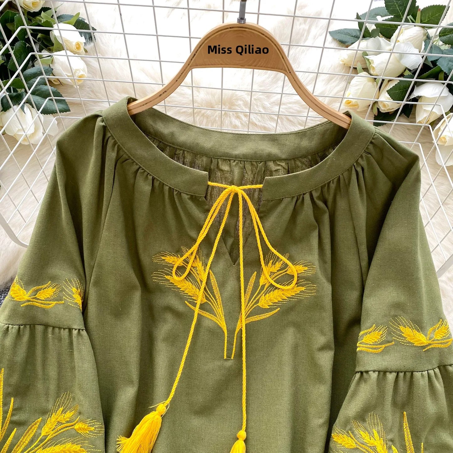 Retro Ethnic Heavy Embroidery Loose Casual round Ne Lantern Sve irt Women's Faionable Base Layer Top