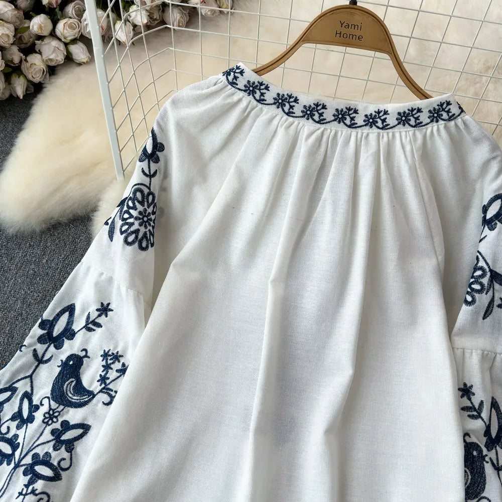 RBB Women's Retro Ethnic Embroidered Shirt – Style Loose Long Sleeve Blouse