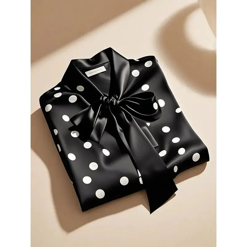RBB Women's Satin Polka Dot Blouse – Elegant Lace-Up Bow Long Sleeve Top