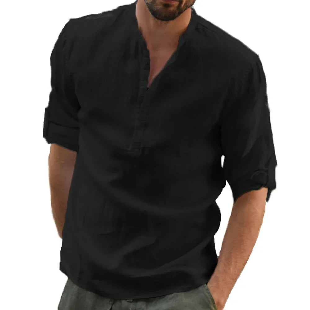 RBB Men’s Cotton Linen Long Sleeve Shirt – Summer Solid Color, Stand-Up Collar