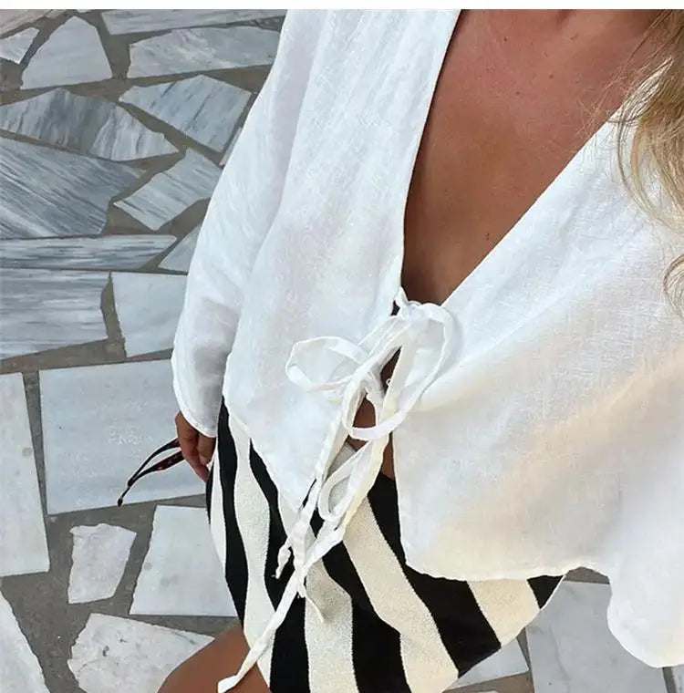 ALOBEE Shirt Women Elegant 2024 New Summer Street Female Comfortable Tops Loose Lace Up Leisure Bow Long Flare Sleeve Lady