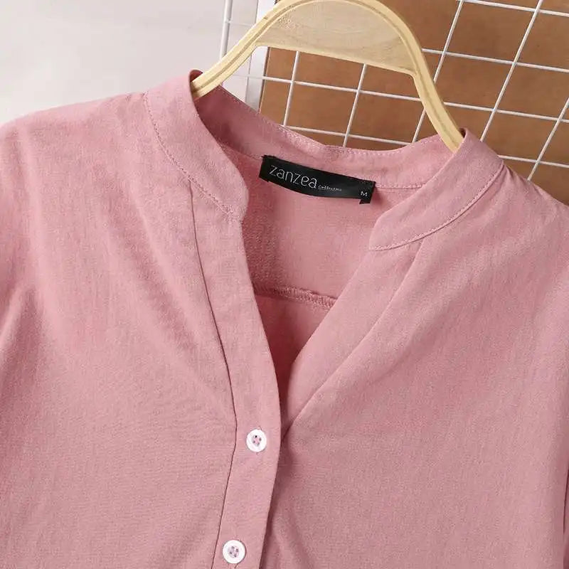 ZANZEA Summer Elegant Loose Chemise Cotton Blouse Vintage OL Work Tunic Tops Women Casual Solid Shirt V Neck Short Sleeve Blusas