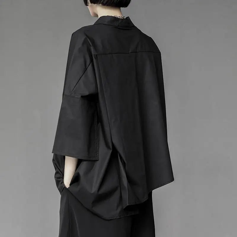 2025 Women Shirt Three Quarter Sleeve Blouse Irregular Hem Single breasted Solid Color Loose Lapel Summer Spring Shirt Top