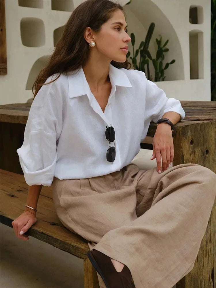 D.Nale K White Women's Shirts Elegant Long Sleeve Loose-Fitting Woman Blouse New Vintage Basic Top Collar Shirt for Women