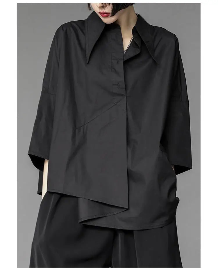 2025 Women Shirt Three Quarter Sleeve Blouse Irregular Hem Single breasted Solid Color Loose Lapel Summer Spring Shirt Top