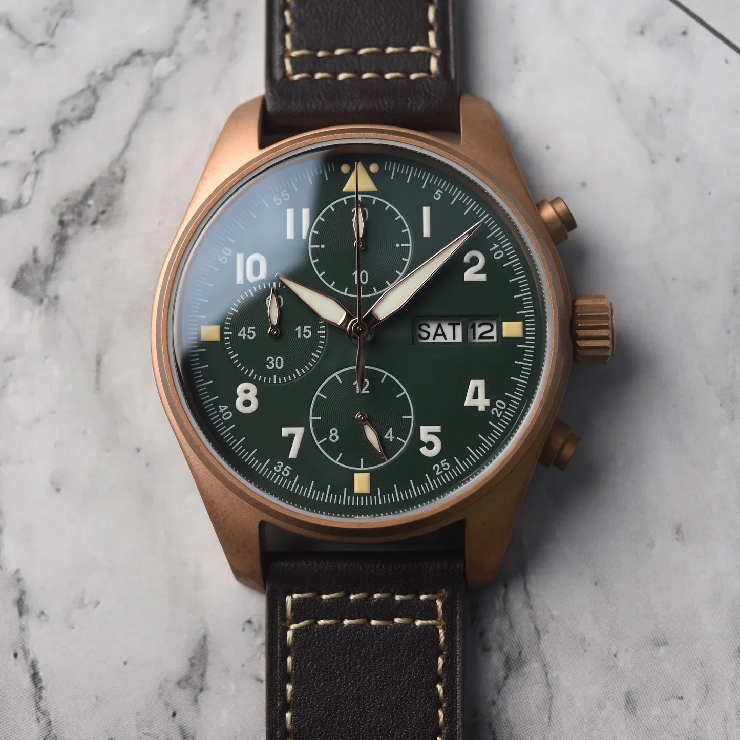 RBB Solid Bronze Men's Quartz Pilot Watch – Chronograph, Sapphire Crystal, 100M Waterproof, Leather Strap