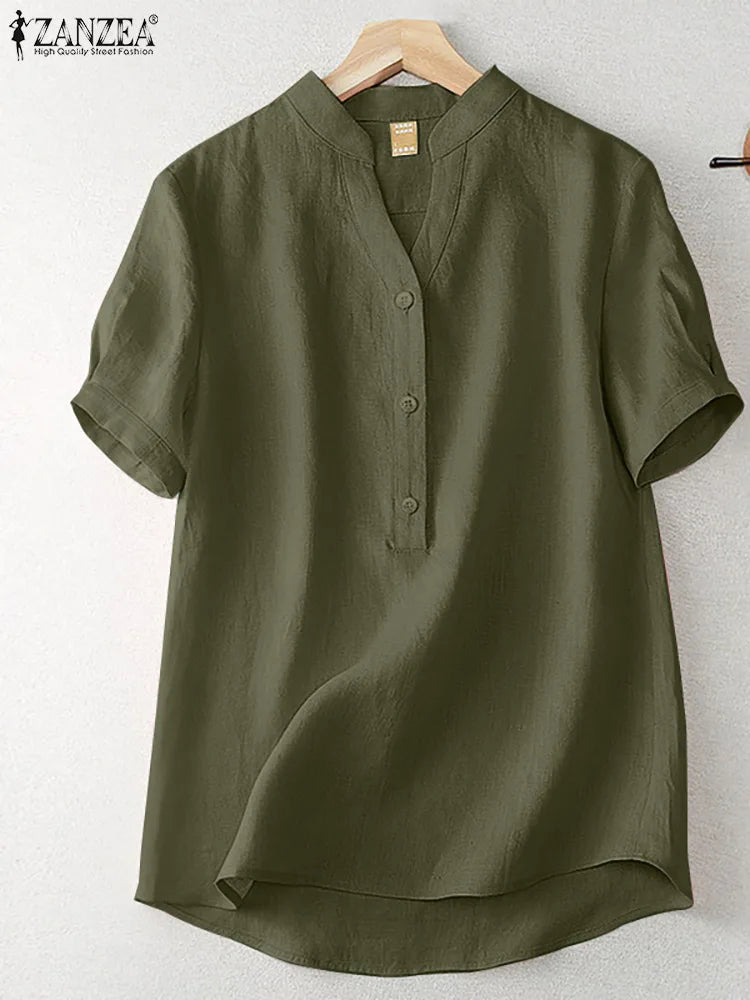 ZANZEA Summer Elegant Loose Chemise Cotton Blouse Vintage OL Work Tunic Tops Women Casual Solid Shirt V Neck Short Sleeve Blusas