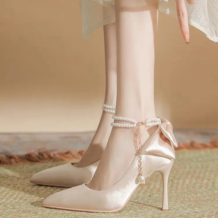 RBB Elegant White Stiletto Heels with Pearl Buckle & Satin Bow – Bridal & Party Pumps (Size 35–40)