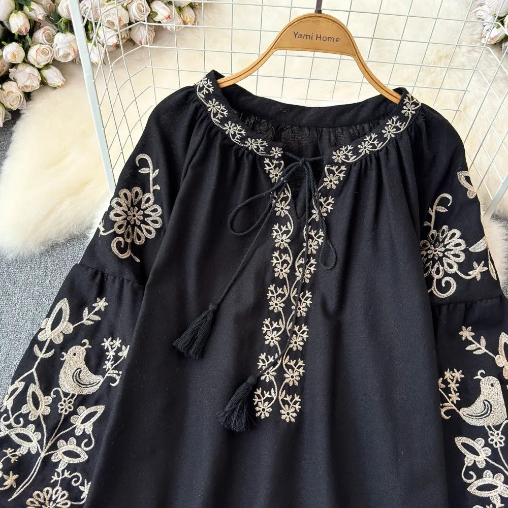 RBB Women's Retro Ethnic Embroidered Shirt – Style Loose Long Sleeve Blouse