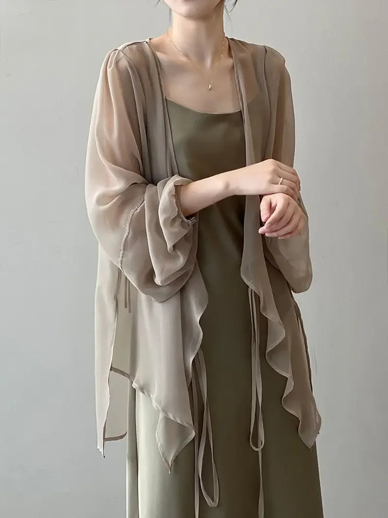 RBB Women's V-Neck Chiffon Shirt – Loose Fit Lace-Up Long Sleeve Summer Blouse