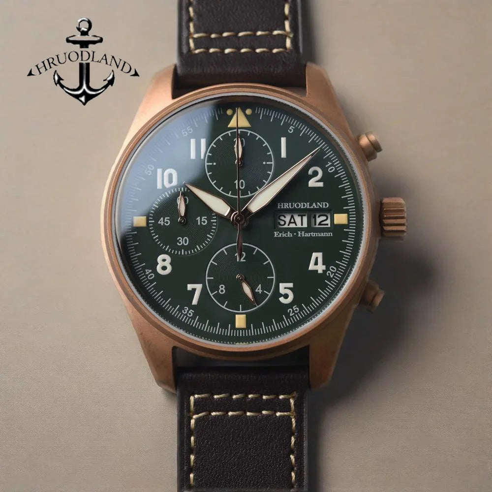 RBB Solid Bronze Men's Quartz Pilot Watch – Chronograph, Sapphire Crystal, 100M Waterproof, Leather Strap