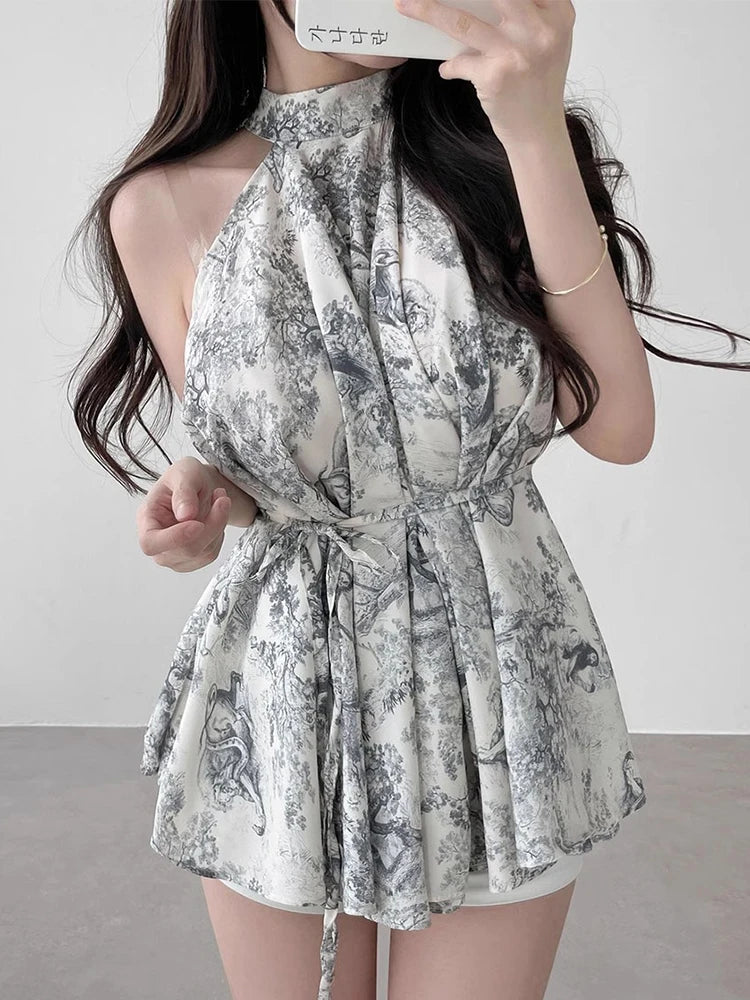 Kimotimo Summer Vintage Stand Collar Print Ladies Tops Korean Chic Lace Up Waist Halter Chiffon Blouses Elegant Fashion Shirts