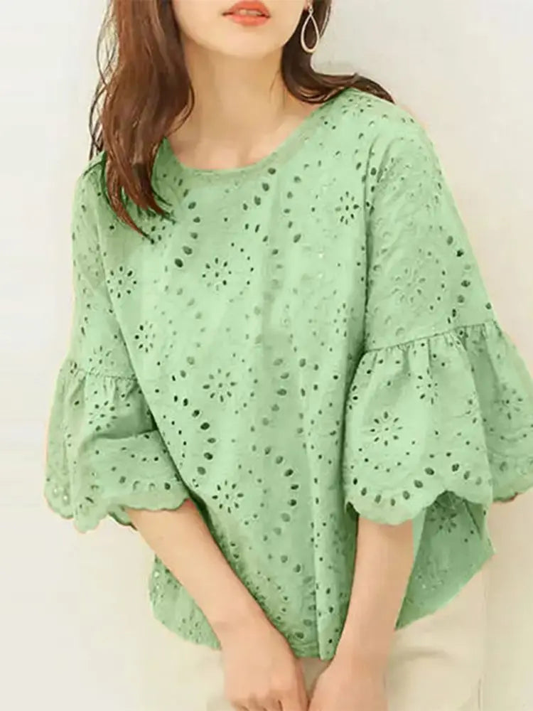 ZANZEA Fashion Summer 3/4 Sleeve Hollow Out Blouse Women Elegant Lace Crochet Tops Casual Loose Embroidery Shirt Work Blusas