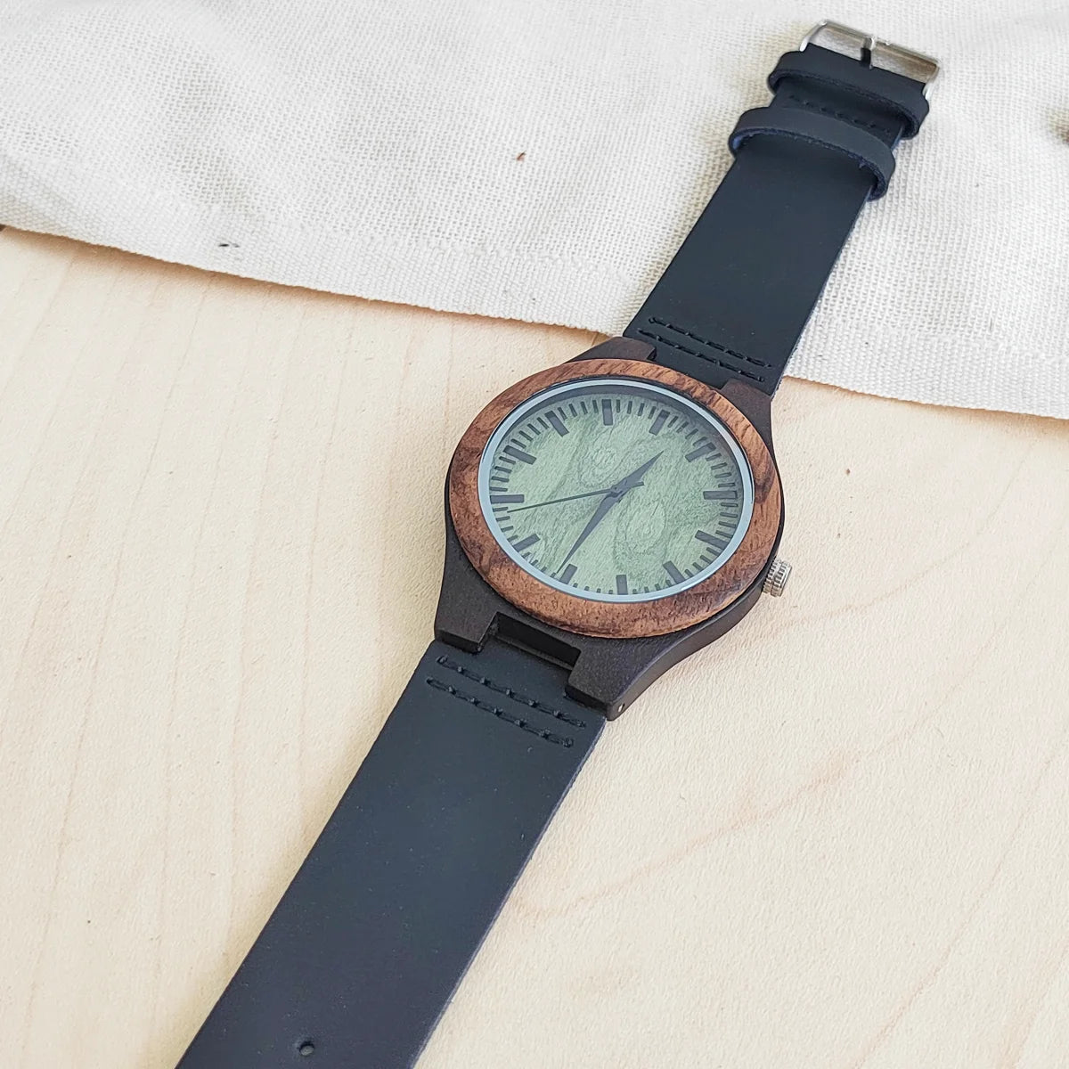 RBB Personalized Wooden Quartz Watch – Unisex Leather Strap, Custom Engraving, Gift-Ready