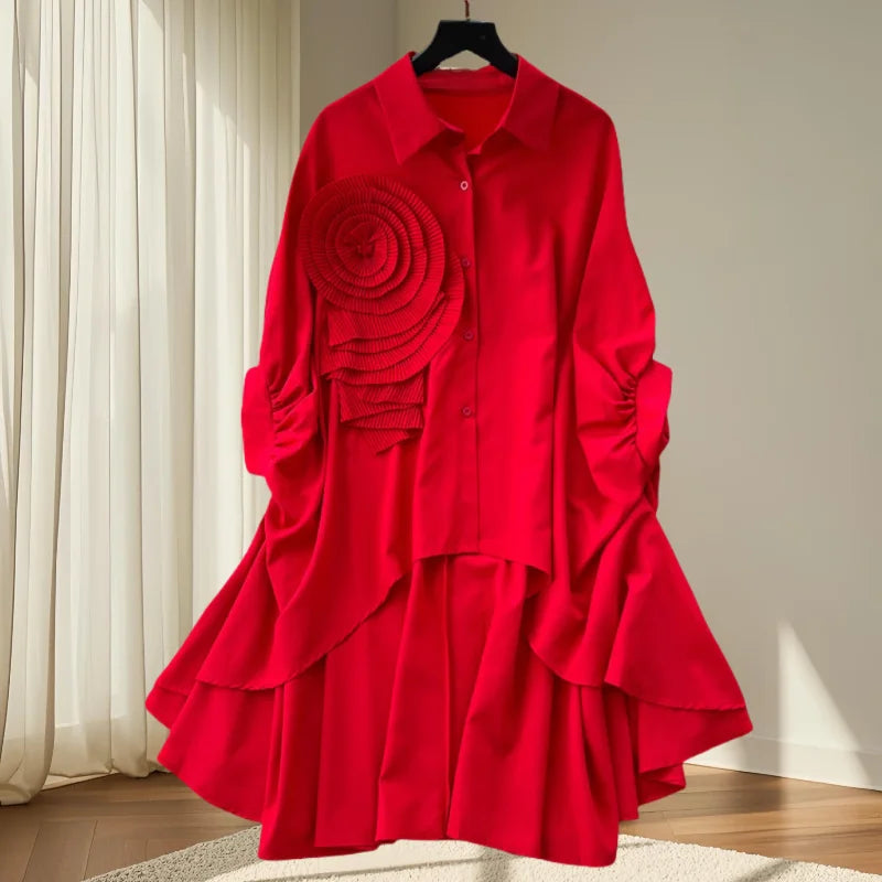 2025,New,European,Clothes,Loose,Blouse,Chic,Turndown Collar,Irregular,Three-dimensional flowers,Women,Batwing Sleeve,Tops,41293
